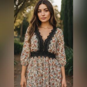 Elegant Floral 3/4 Long Sleeve Dress with Black Lace